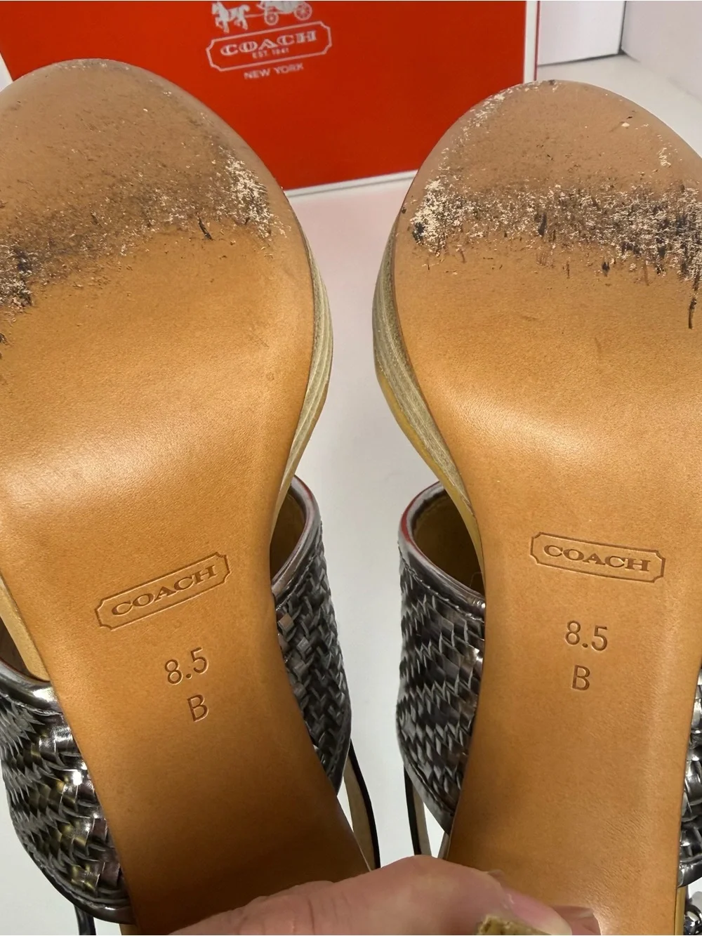 Coach Metallic Gray Woven Leather High Heel Sandals